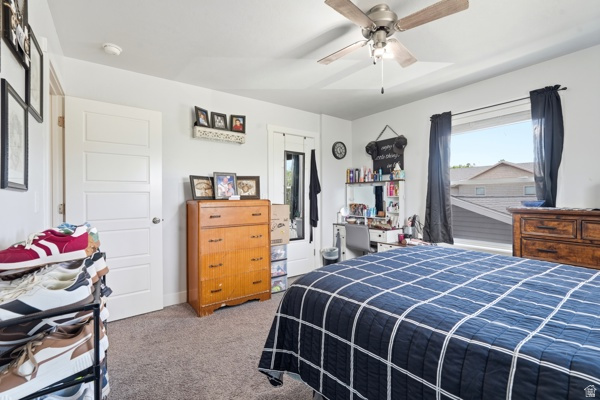391 South 440th Street West Preston, ID 83263 - Photo 12 of 28 Carpeted room with a ceiling fan, white paneled door, and a window with dark drapes