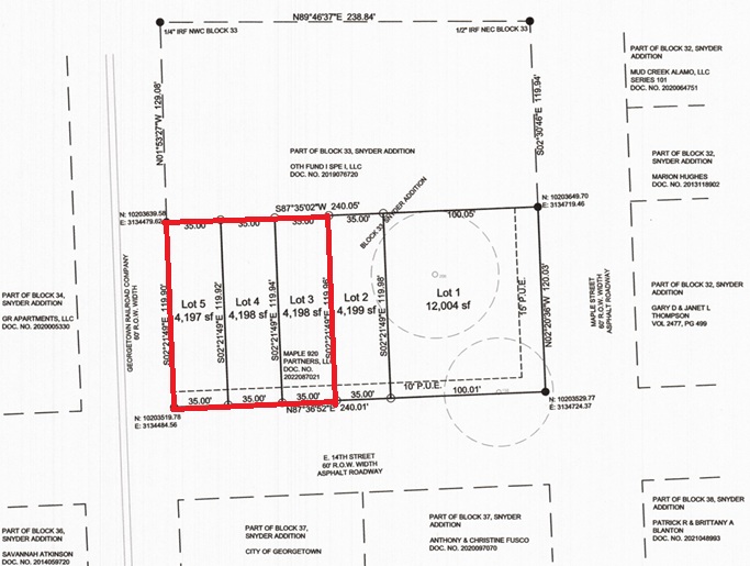 901 East 14th Street Georgetown, TX 78626 - Photo 2 of 2 Plat Map. Illustrating the division of land into lots with specified dimensions and adjacent property details
