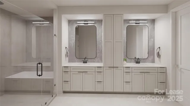 a bathroom with a double vanity sink a mirror and a bathtub