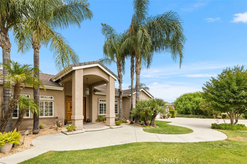a view of a white house with a yard and palm trees