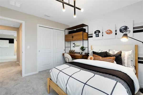 a bedroom with a bed and a closet