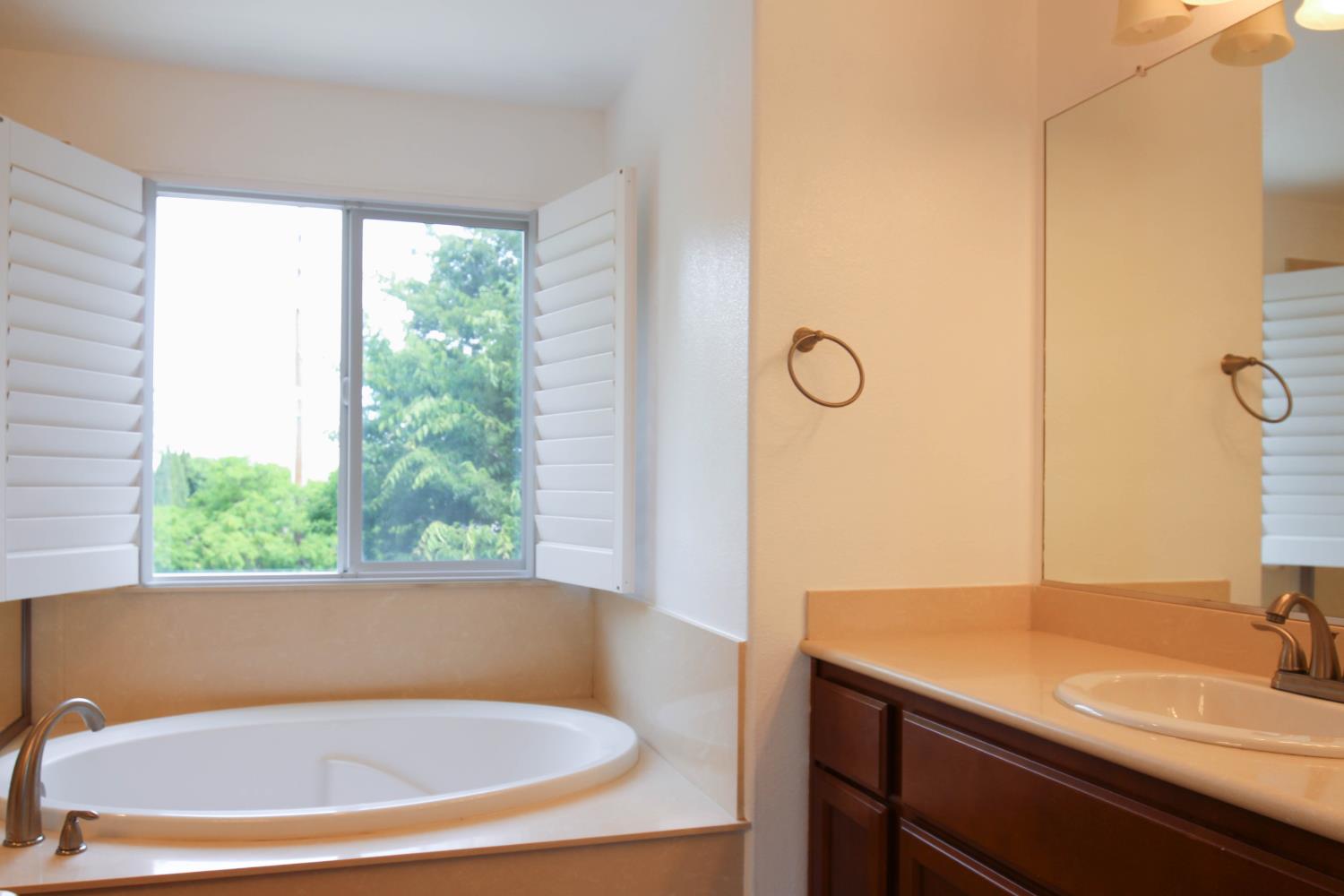 1817 Thomas Court Modesto, CA 95355 - Photo 15 of 20 a bathroom with a granite countertop sink and a large mirror