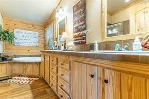 a bathroom with a sink and a mirror