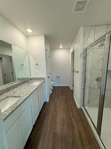 a bathroom with a granite countertop shower vanity and a sink