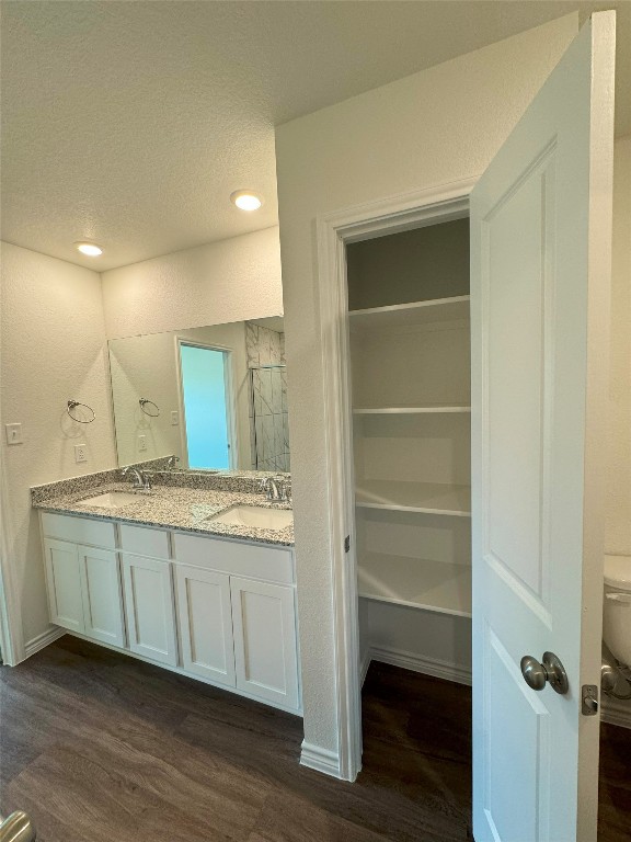 501 Double Vision Road Jarrell, TX 76537 - Photo 17 of 36 a bathroom with a granite countertop sink and a mirror