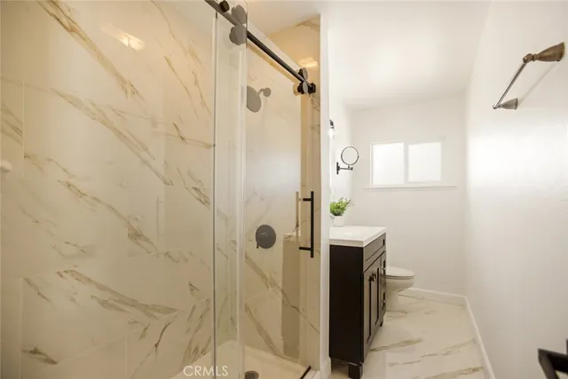 a bathroom with a sink vanity and a toilet