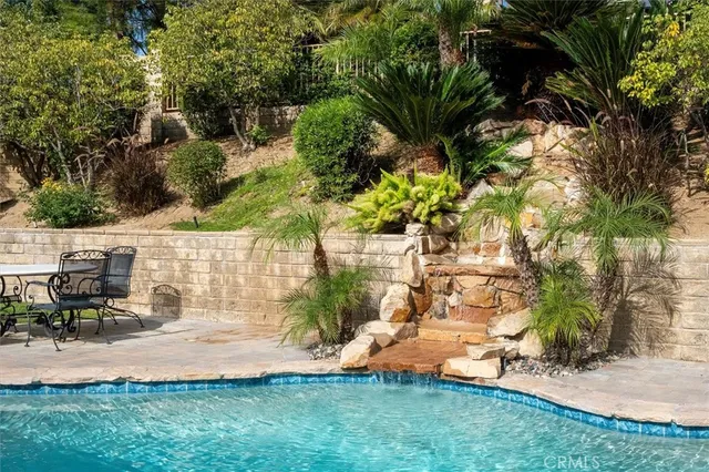 a backyard of a house with table and chairs