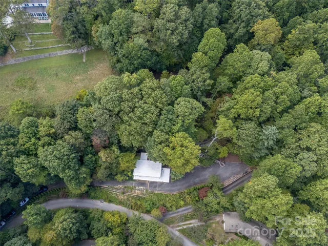 an aerial view of residential houses with outdoor space and trees