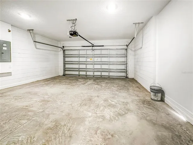 a view of a garage with stairs