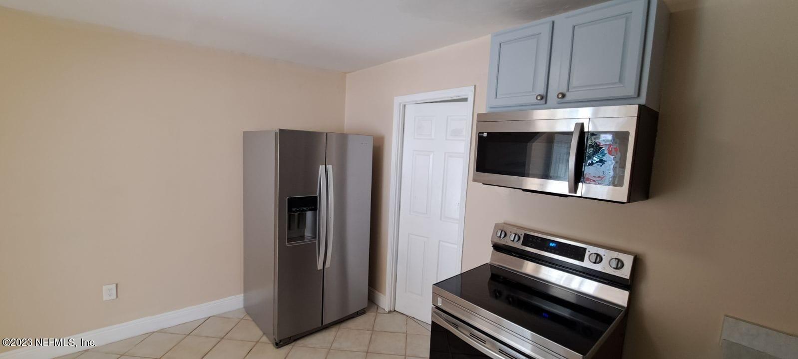 a kitchen with stainless steel appliances a stove and a microwave