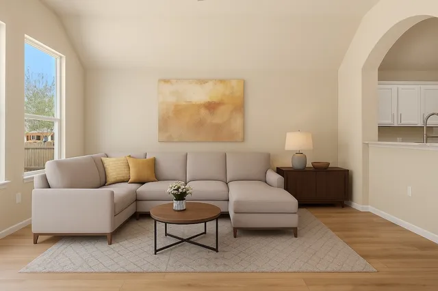a living room with furniture and a large window