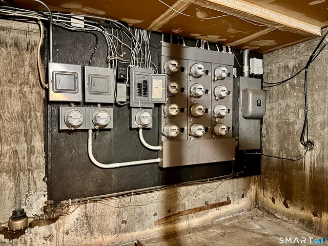 a black white building with glass door