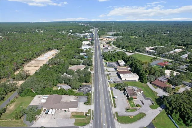 an aerial view of residential houses with outdoor space and trees