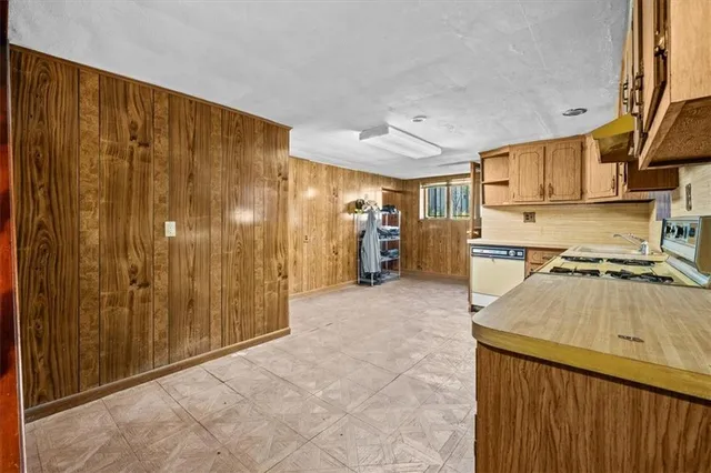 a kitchen with a refrigerator and a sink