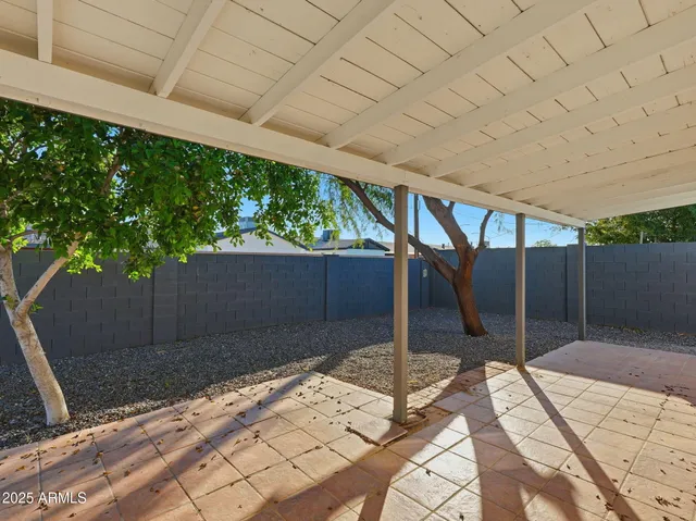 a backyard of a house with a tree