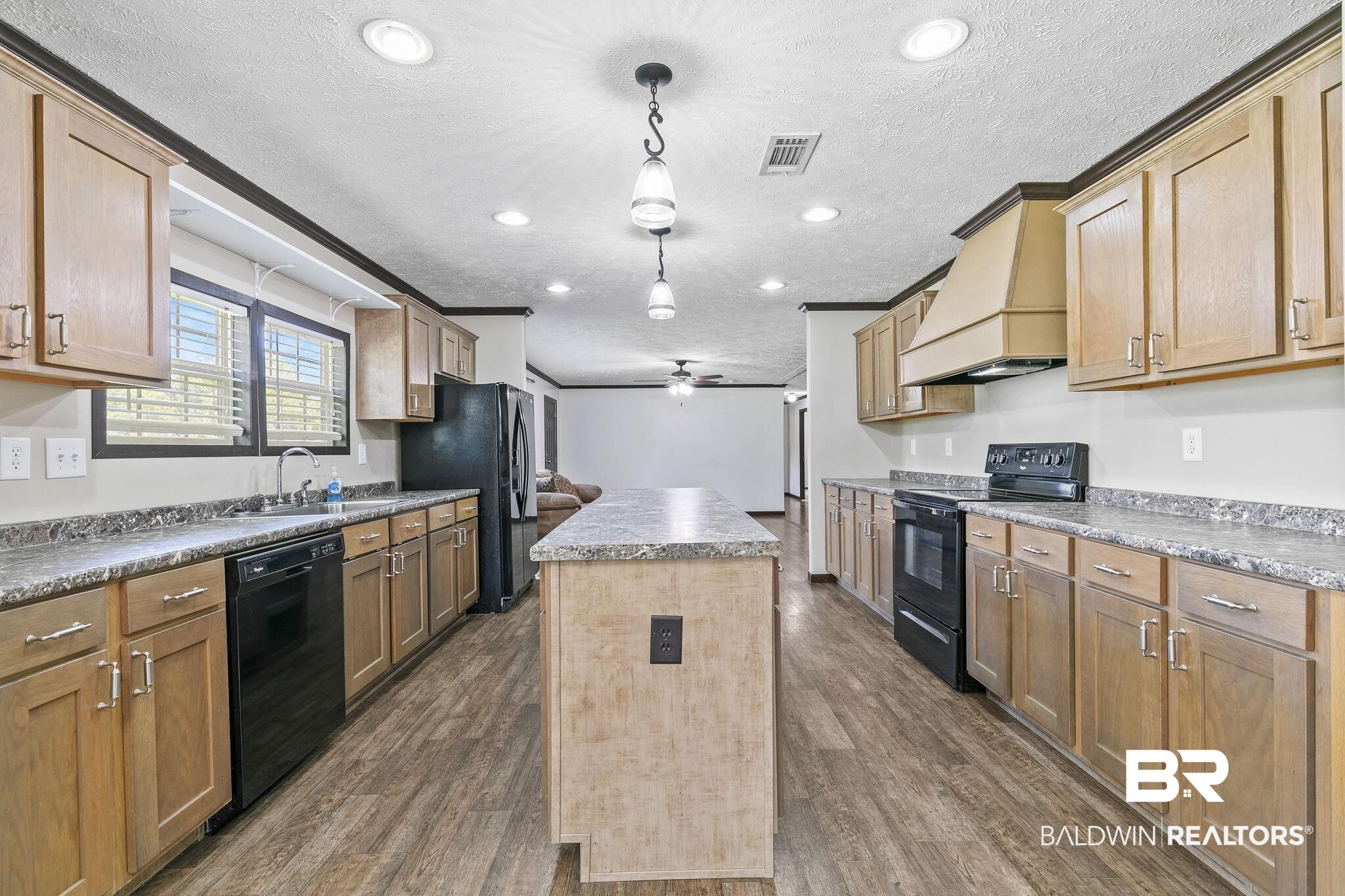 35641 County Road 39 Stapleton, AL 36578 - Photo 16 of 46 Kitchen with a kitchen island, black appliances, premium range hood, dark hardwood / wood-style floors, and sink