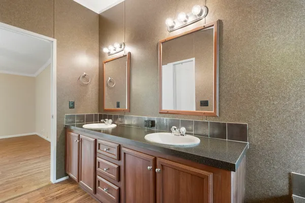 a bathroom with a sink double vanity and a mirror