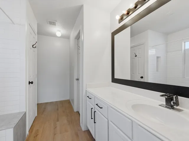 a bathroom with a sink and a mirror