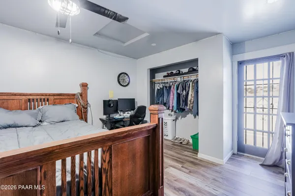 an aerial view of a house with a big yard