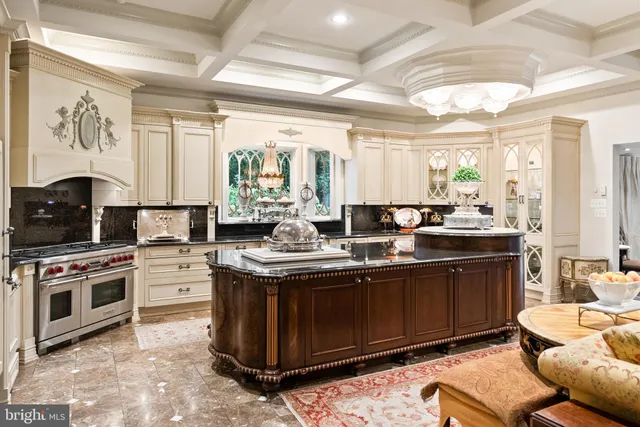 a living room with furniture a chandelier and a rug