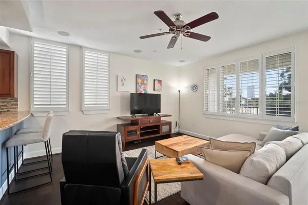 a view of a dining room with furniture