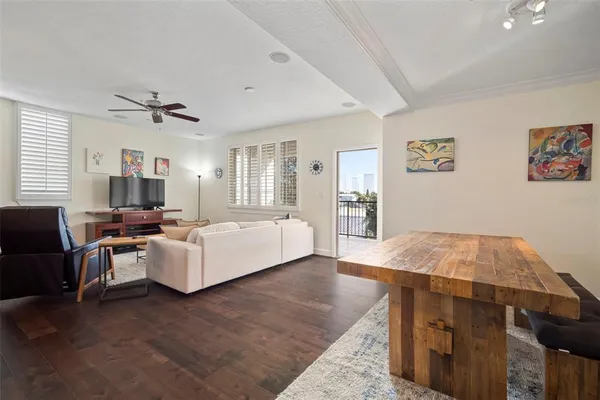 a view of a balcony with furniture