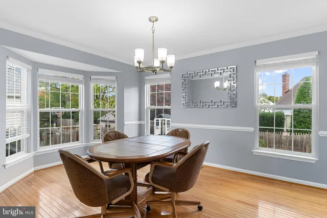 a view of a dining room with furniture wooden floor and chandelier