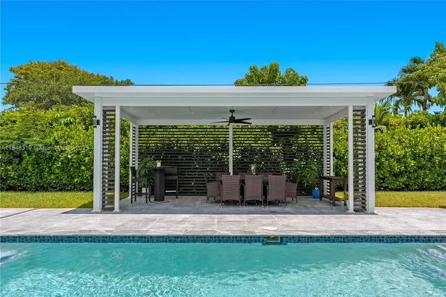 a backyard of a house with sofas