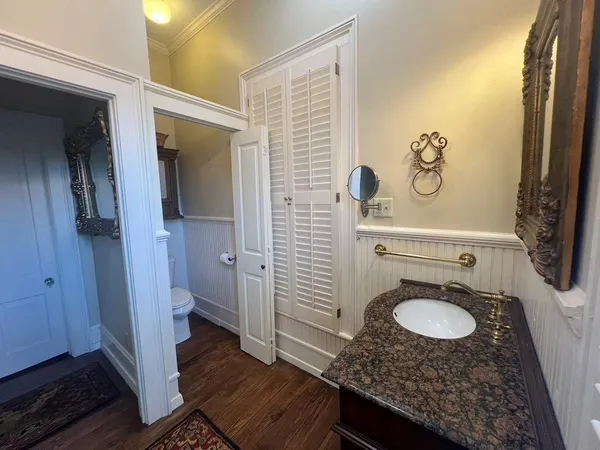 a room with granite countertop furniture and a fireplace