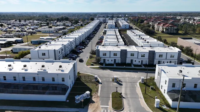 a building outdoor space with patio furniture