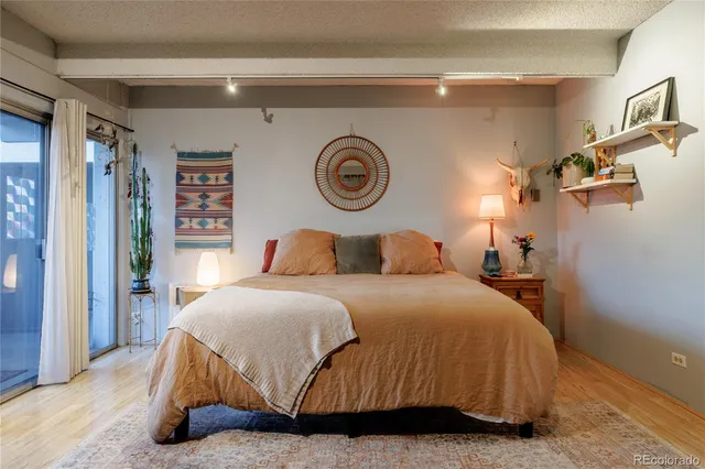 a bedroom with a bed and a closet