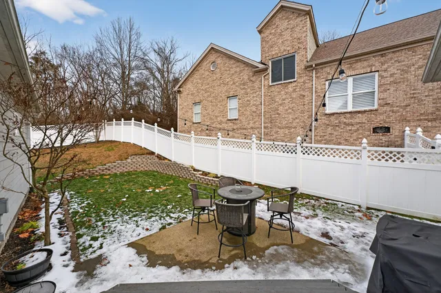 a backyard of a house with table and chairs