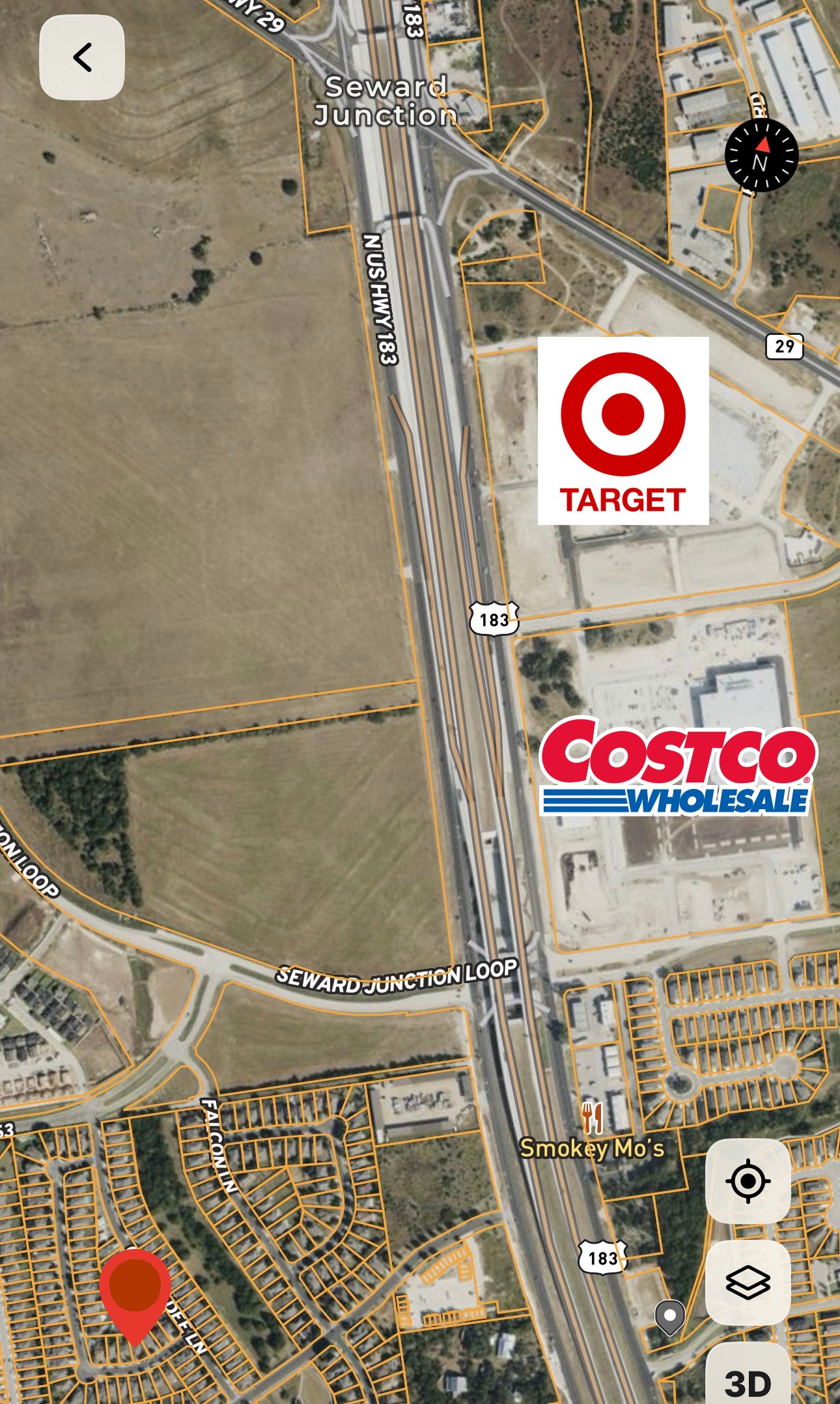 112 Eagle Owl Loop Leander, TX 78641 - Photo 34 of 34 Location Map. Indicating the property's geographic coordinates and proximity to commercial establishments like the new Costco and new Target.