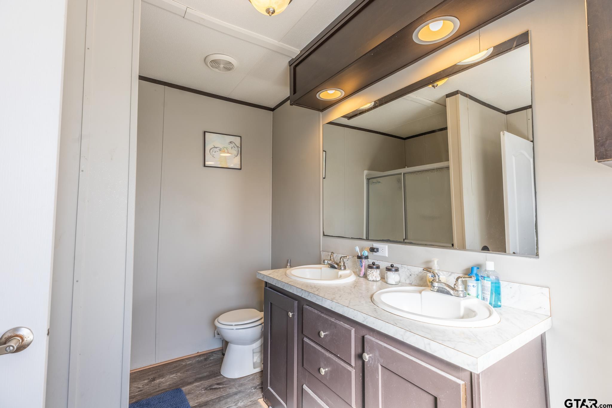 182 Sioux Quitman, TX 75783 - Photo 11 of 14 a bathroom with a granite countertop toilet a sink and a mirror