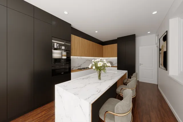 a kitchen with sink and refrigerator