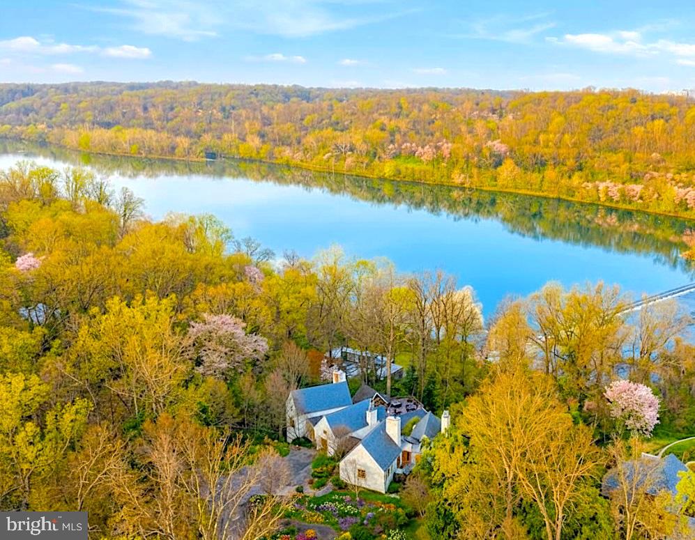 Serene riverside retreat in spring.