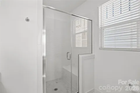 a bathroom with a shower and a window
