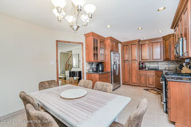 a view of a dining room with furniture