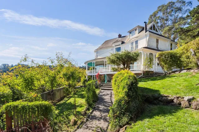 a view of a big yard with flower plants and large trees