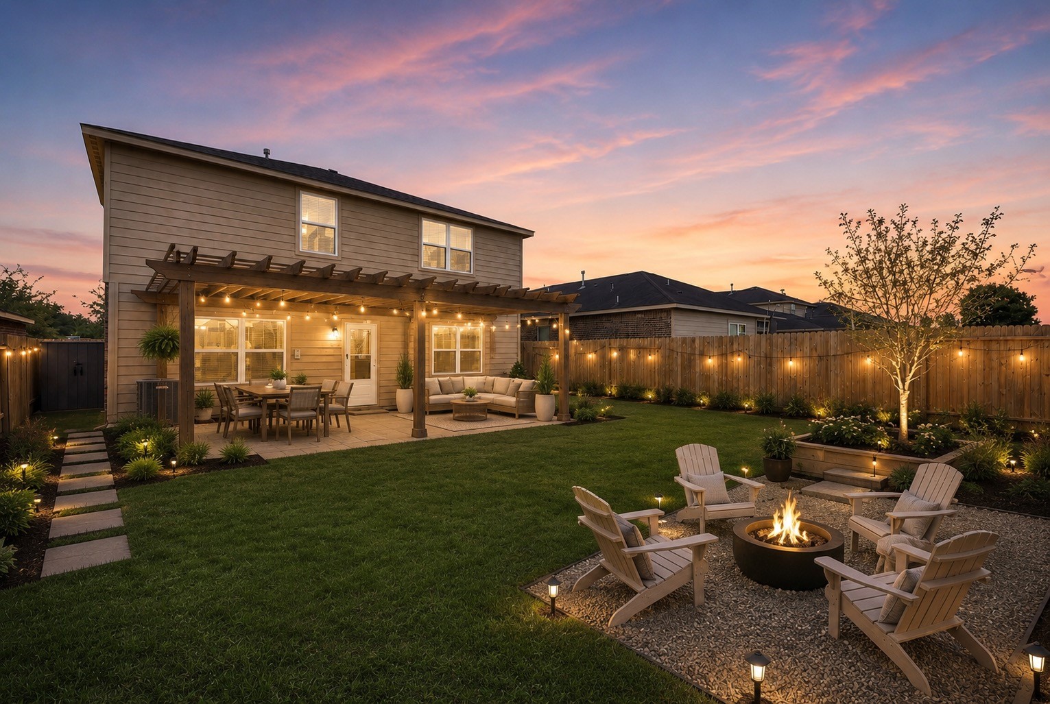 a view of a house with backyard porch and sitting area