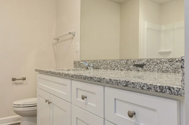 a bathroom with a granite countertop sink and a toilet