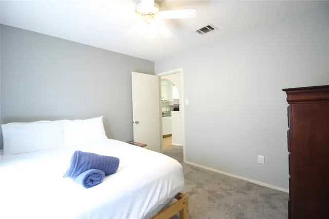 a bedroom with a bed and a walk in closet