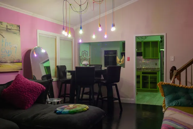 a view of a dining room with furniture