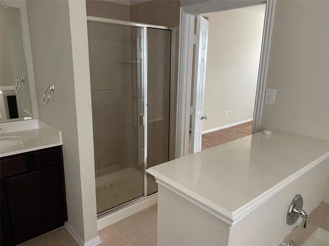 a bathroom with a shower and a sink