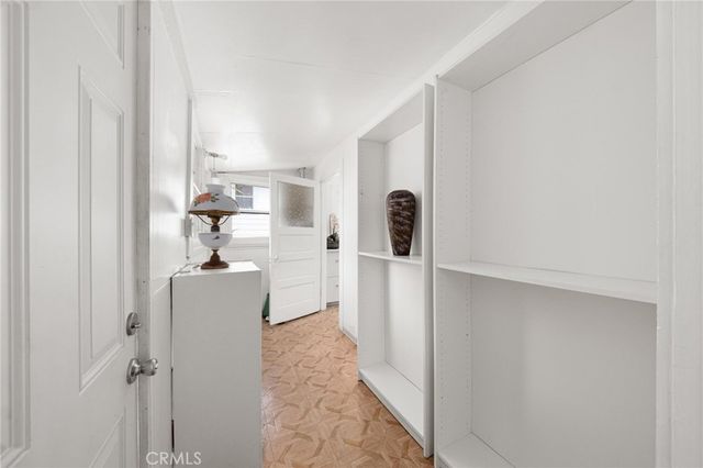 a storage room with cabinets