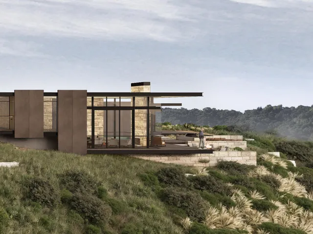 a view of a large body of water with a building in back