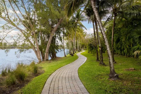 a view of a park with large trees