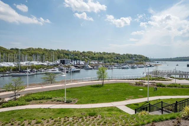 a view of a lake with houses in the back