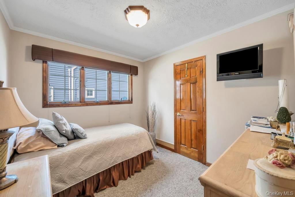 60 Essex Road Bethpage, NY 11714 - Photo 14 of 21 Bedroom featuring light carpet, ornamental molding, and a textured ceiling