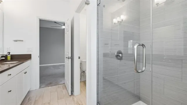 a bathroom with a granite countertop shower